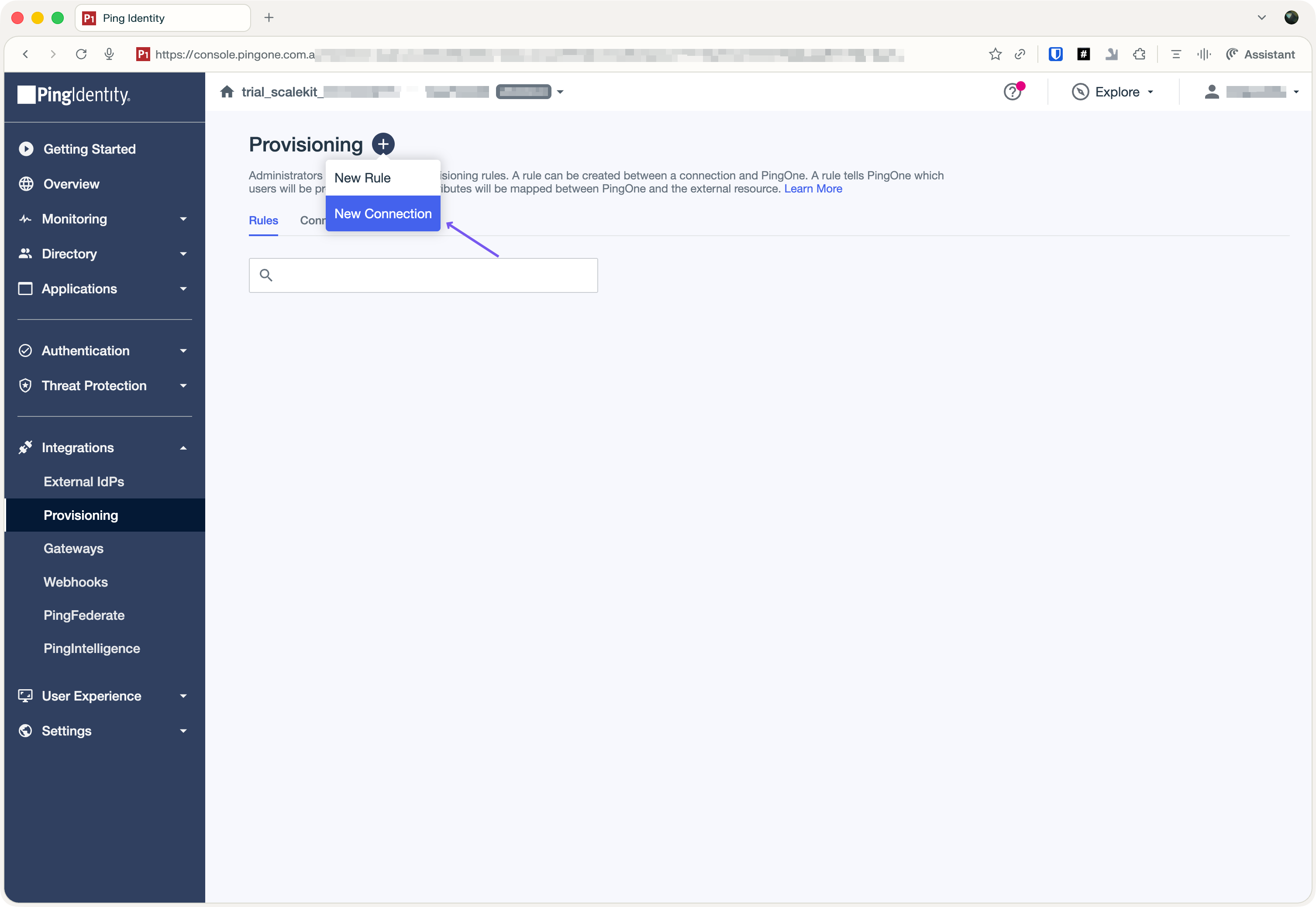 Clicking the + icon to create a new connection in PingIdentity